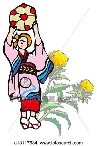 Hanakasa Dance, Woodcut, Yamagata Prefecture, Japan View Large Illustration Stock Illustration - Hanakasa Dance, Woodcut, Yamagata Prefecture, Japan. Fotosearch