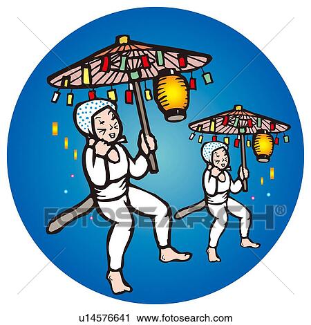 Clip Art - Himejima Bon Festival Dance, Woodcut, Ooita Prefecture, Japan. Fotosearch