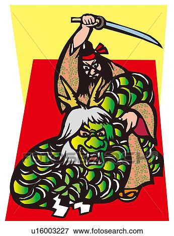 Stock Illustration - Izumo Kagura, Woodcut, Tottori Prefectutre, Japan. Fotosearch
