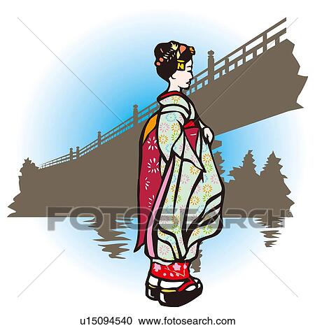 Clipart - Japanese Dancing Girl of Kyoto, Woodcut, Kyoto, Japan. Fotosearch