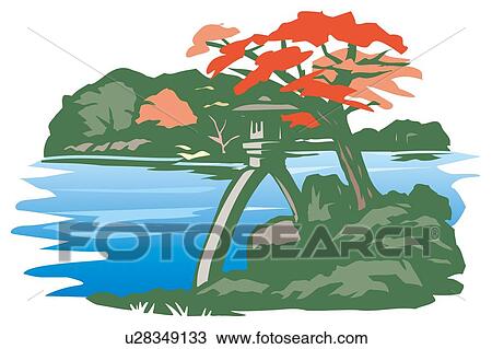 Drawing - Kenroku Garden, Woodcut, Ishikawa Prefecture, Japan. Fotosearch