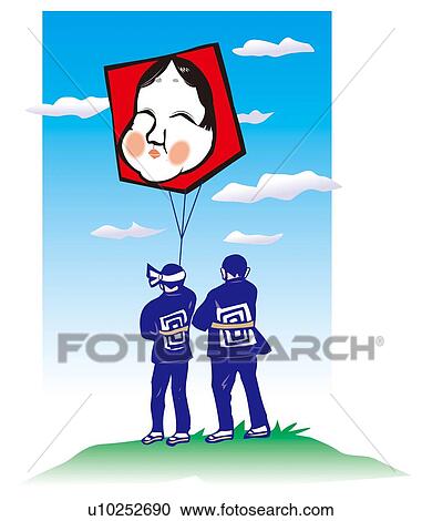 Kiteflying, Woodcut, Shizuoka Prefecture, Japan View Large Illustration Clipart - Kiteflying, Woodcut, Shizuoka Prefecture, Japan. Fotosearch