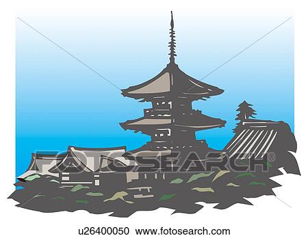 Clipart - Kiyomizu Temple, Woodcut, Kyoto, Japan. Fotosearch