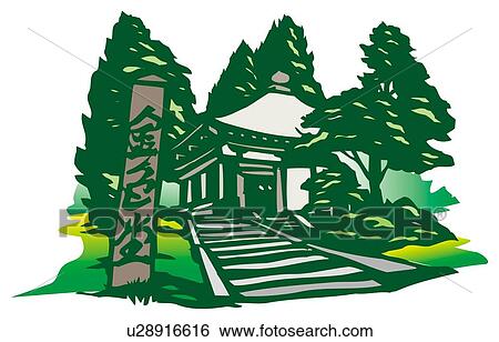 Stock Illustration - Konjiki Temple, Woodcut, Iwate Prefecture, Japan. Fotosearch