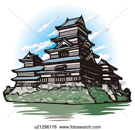 Stock Illustration - Matsumoto Castle, Woodcut, Low Angle View, Nagano Prefecture, Japan. Fotosearch