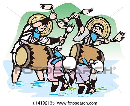 Mibu Flower Rice Planting, Woodcut, Hiroshima Prefecture, Japan View Large Illustration Stock Illustration - Mibu Flower Rice Planting, Woodcut, Hiroshima Prefecture, Japan. Fotosearch