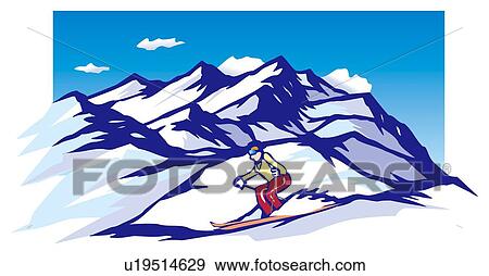 Stock Illustration - Mountain Ski, Woodcut. Fotosearch