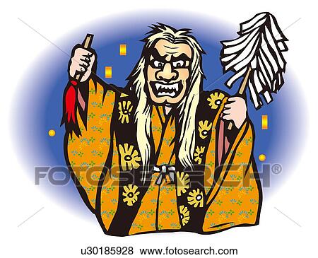 Stock Illustration - Night Kagura, Woodcut, Miyazaki Prefecture, Japan. Fotosearch