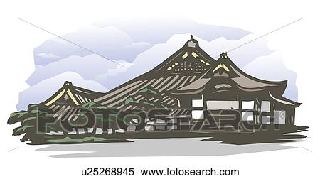 Stock Illustration - Nijo Castle, Woodcut, Kyoto, Japan. Fotosearch