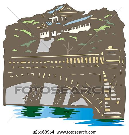 Stock Illustration - Nijuu Bridge, Woodcut, Tokyo, Japan, Low Angle View. Fotosearch