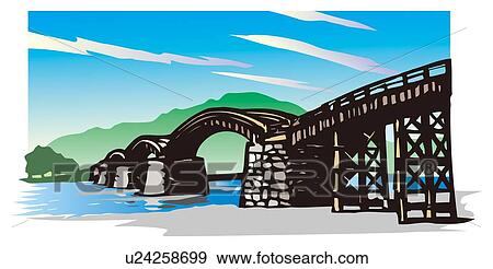 Stock Illustration - Nishikiobi Bridge, Woodcut, Low Angle View, Yamaguchi Prefecture, Japan. Fotosearch