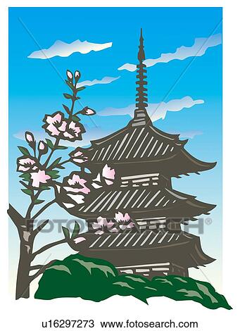 Niwa Temple, Woodcut View Large Illustration Drawing - Niwa Temple, Woodcut. Fotosearch