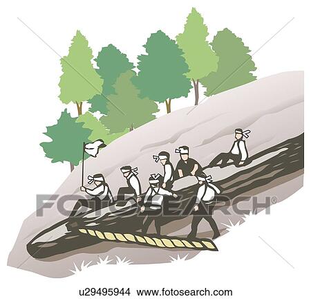 Stock Illustration - Onbashira Festival, Woodcut, Nagano Prefecture, Japan. Fotosearch