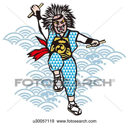 Stock Illustration - Onidaiko, Woodcut, Niigata Prefecture, Japan. Fotosearch