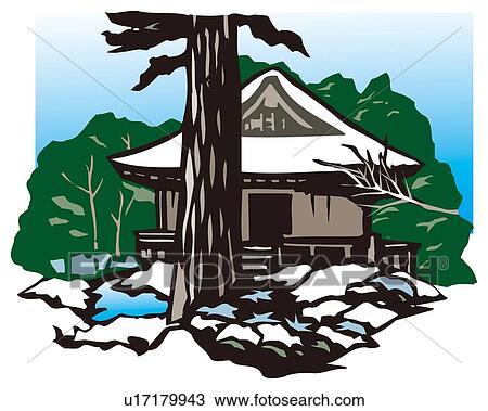 Sanzen Temple, Woodcut, Kyoto, Japan View Large Illustration Drawing - Sanzen Temple, Woodcut, Kyoto, Japan. Fotosearch