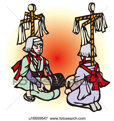 Stock Illustration - Sasara Dance of Shiramadu, Woodcut, Chiba Prefecture, Japan. Fotosearch