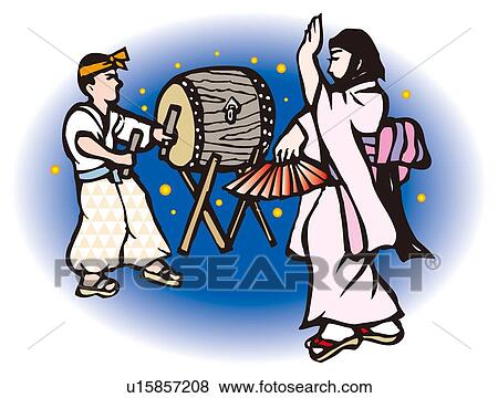 Stock Illustration - Shiraishi Dance, Woodcut, Okayama Prefecture, Japan. Fotosearch