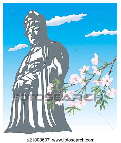 Stock Illustration - Shiroi Kannon, Woodcut, Gunma Prefecture, Japan, Low Angle View. Fotosearch