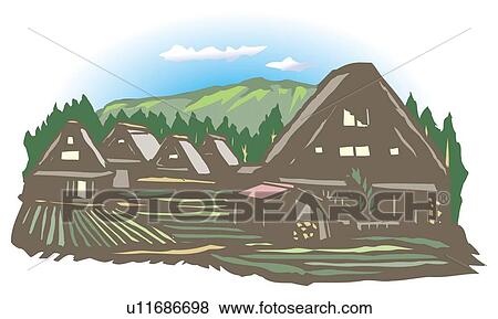 Steep Rafter Roof Village, Woodcut, Toyama Prefecture, Gifu Prefecture, Japan View Large Illustration Stock Illustration - Steep Rafter Roof Village, Woodcut, Toyama Prefecture, Gifu Prefecture, Japan. Fotosearch