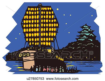 Tenjin Festival, Woodcut, Osaka, Japan View Large Illustration Drawing - Tenjin Festival, Woodcut, Osaka, Japan. Fotosearch