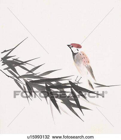 A sparrow and bamboo leaves View Large Illustration Drawing - A sparrow and bamboo leaves. Fotosearch