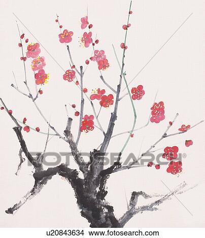 Plum tree with red flowers, low angle view View Large Illustration Stock Illustration - Plum tree with red flowers, low angle view. Fotosearch
