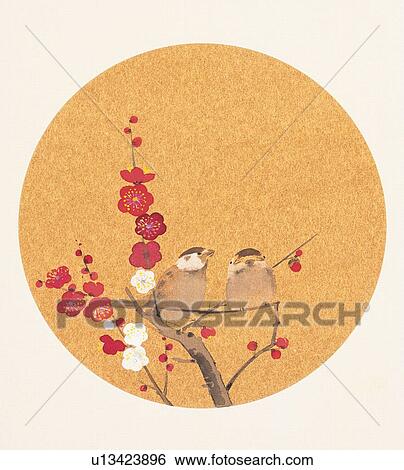 Two sparrows perching on branch of plum tree inside circle frame View Large Illustration Stock Illustration - Two sparrows perching on branch of plum tree inside circle frame. Fotosearch