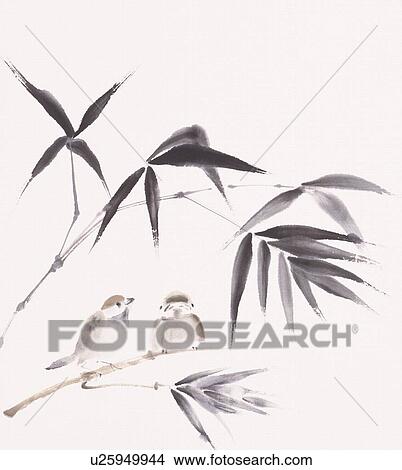 Two sparrows perching on branch of bamboo View Large Illustration Stock Illustration - Two sparrows perching on branch of bamboo. Fotosearch