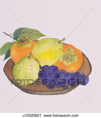 Clip Art - Various fruits on wooden plate, close up. Fotosearch
