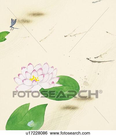 Stock Illustration - Water lily and dragonfly on water surface, high angle view. Fotosearch