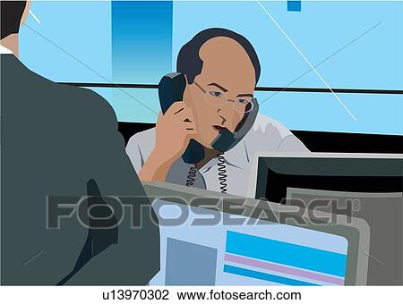 Drawing - Businessman on phone at desk. Fotosearch