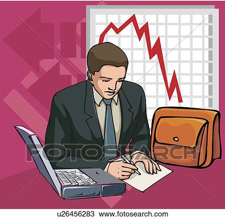 Drawing - Businessman with laptop and line graph in background.. Fotosearch