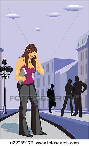 Stock Illustration - Businesswoman holding a file and talking on a mobile phone. Fotosearch