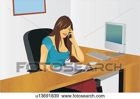 Stock Illustration - Front view of a business woman talking on phone. Fotosearch