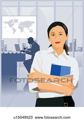 Front view of a businesswoman holding file View Large Illustration Drawing - Front view of a businesswoman holding file. Fotosearch