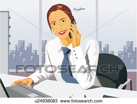 Drawing - Front view of businesswoman smiling and talking on cell phone. Fotosearch