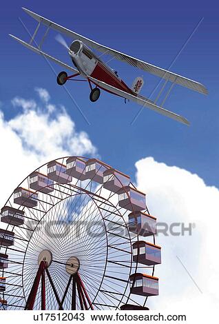 Aircraft and Ferris Wheel, CG, Illustration, Low Angle View View Large Illustration Drawing - Aircraft and Ferris Wheel, CG, Illustration, Low Angle View . Fotosearch