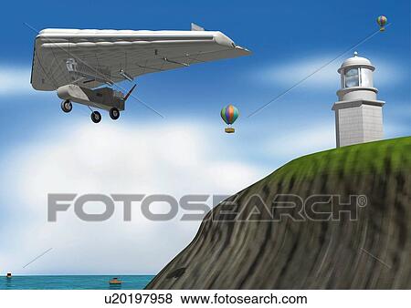 Aircraft and Lighthouse, CG, Illustration, Low Angle View View Large Illustration Stock Illustration - Aircraft and Lighthouse, CG, Illustration, Low Angle View. Fotosearch