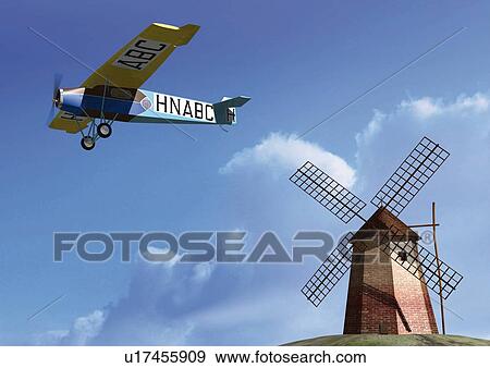 Aircraft and Windmill, CG, Illustration, Low Angle View View Large Illustration Stock Illustration - Aircraft and Windmill, CG, Illustration, Low Angle View. Fotosearch
