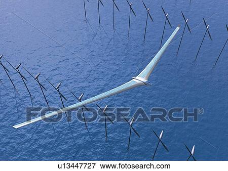 Aircraft flying over the large group of wind power generators, Illustration, CG, High Angle View View Large Illustration Stock Illustration - Aircraft flying over the large group of wind power generators, Illustration, CG, High Angle View. Fotosearch