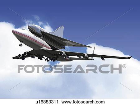 Clip Art - Airplane carrying spacecraft on top, Illustration, CG, Low Angle View. Fotosearch