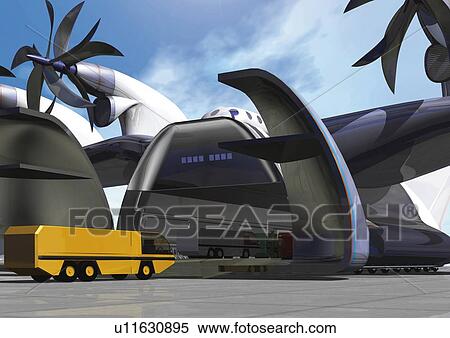 Imaginary air cargo craft, Illustration, CG View Large Illustration Stock Illustration - Imaginary air cargo craft, Illustration, CG. Fotosearch