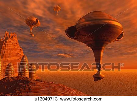 Drawing - Imaginary Aircraft, Illustration, CG, Low Angle View. Fotosearch