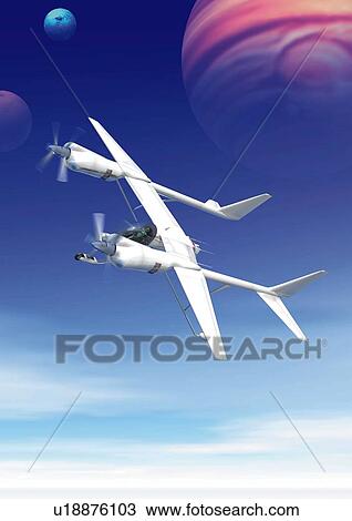 Drawing - Imaginary aircraft, Illustration, CG, Low Angle View. Fotosearch