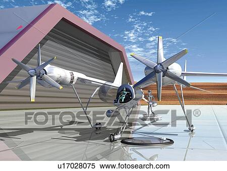 Stock Illustration - Imaginary aircraft, Illustration, CG, Low Angle View. Fotosearch