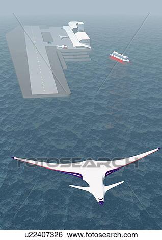 Stock Illustration - Imaginary aircraft taking off, Illustration, CG, Close Up, High Angle View. Fotosearch