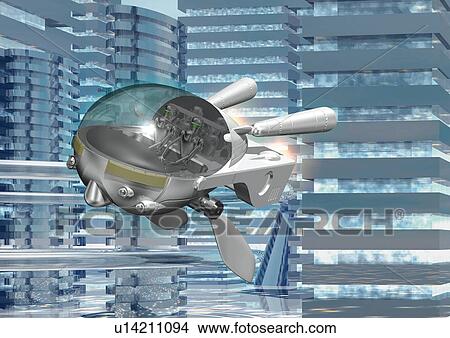 Imaginary aircrft flying through skyscrapers, Illustration, CG, Close Up View Large Illustration Stock Illustration - Imaginary aircrft flying through skyscrapers, Illustration, CG, Close Up. Fotosearch