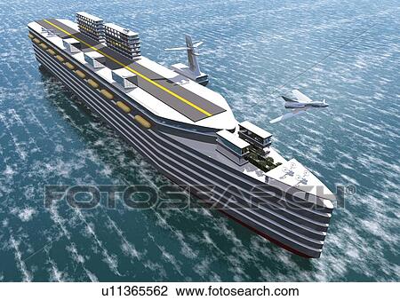 Imaginary big ship, Illustration, CG, High Angle View View Large Illustration Drawing - Imaginary big ship, Illustration, CG, High Angle View. Fotosearch