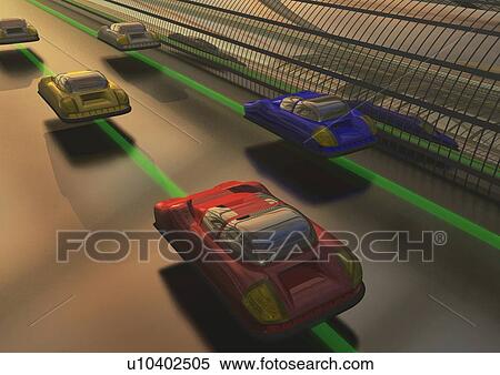 Imaginary cars in future, Illustration, CG, High Angle View View Large Illustration Stock Illustration - Imaginary cars in future, Illustration, CG, High Angle View. Fotosearch