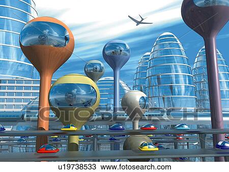 Drawing - Imaginary futural city, Illustration, CG. Fotosearch